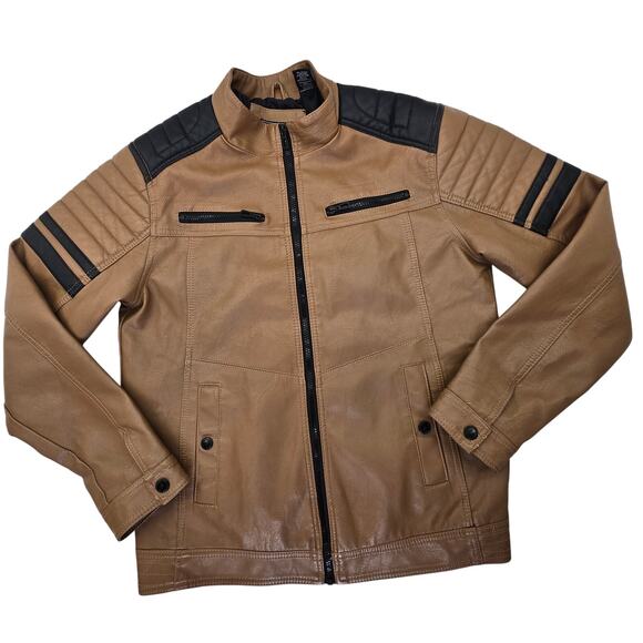 Distortion Motorcycle Jacket Brown Faux Leather Biker Coat Men's M - Picture 3 of 7